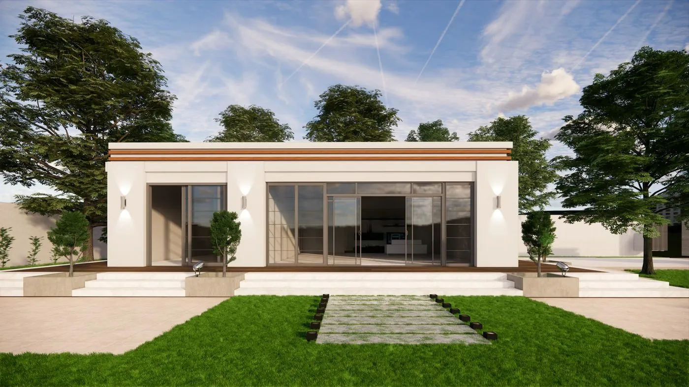Vista 3D de la fachada de una casa de una planta