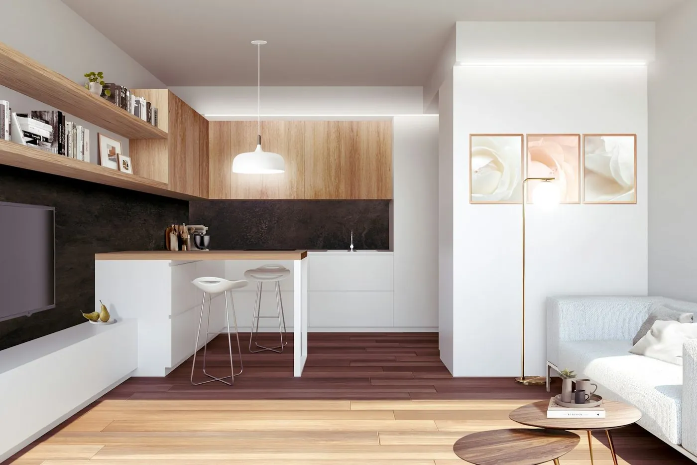 Vista 3D de un living con cocina integrada